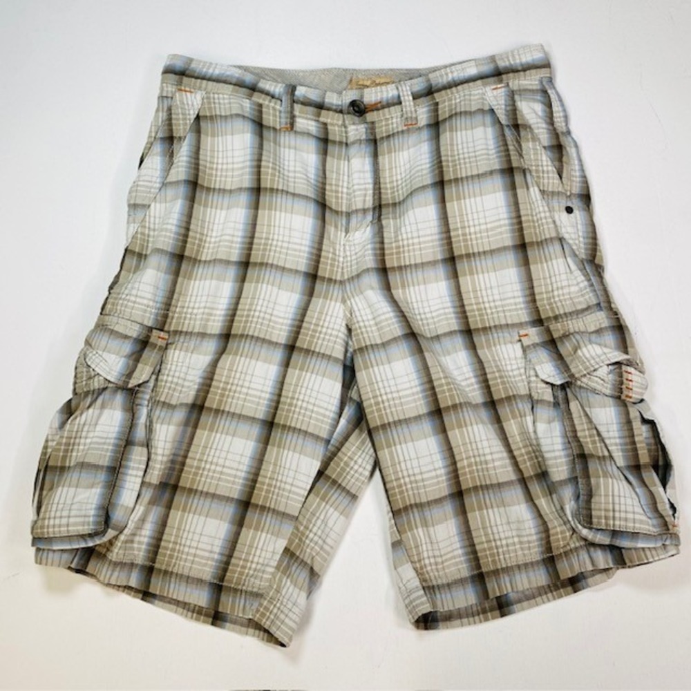 Tommy Bahama Mens Plaid Cargo Shorts Beige Blue Relaxed Fit Cotton Blend Size 36